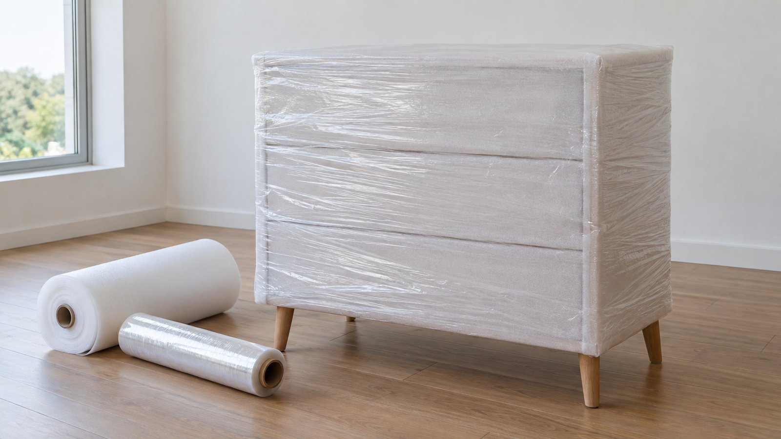 Chest of drawers wrapped in foam and clear stretch film for moving house